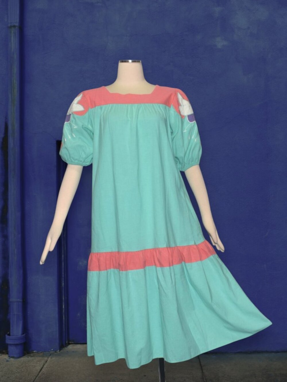 Vintage 80s Cotton House Dress Made in U.S.A. Applique Floral Puff Sleeves S